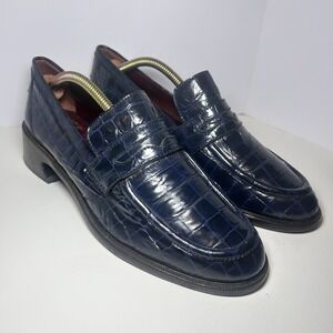 Sies Marjan Crocodile Embossed Heeled Loafers Navy Blue Women's 40 US9.5